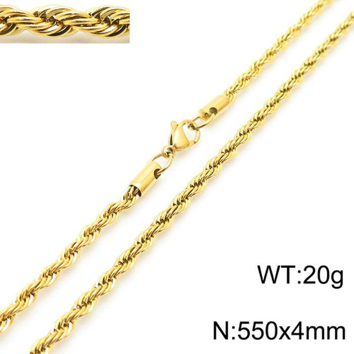 2/3/4/5/6/7/8mm Rope Twist Chain Necklace Stainless Steel PVD Gold Plated - kalen