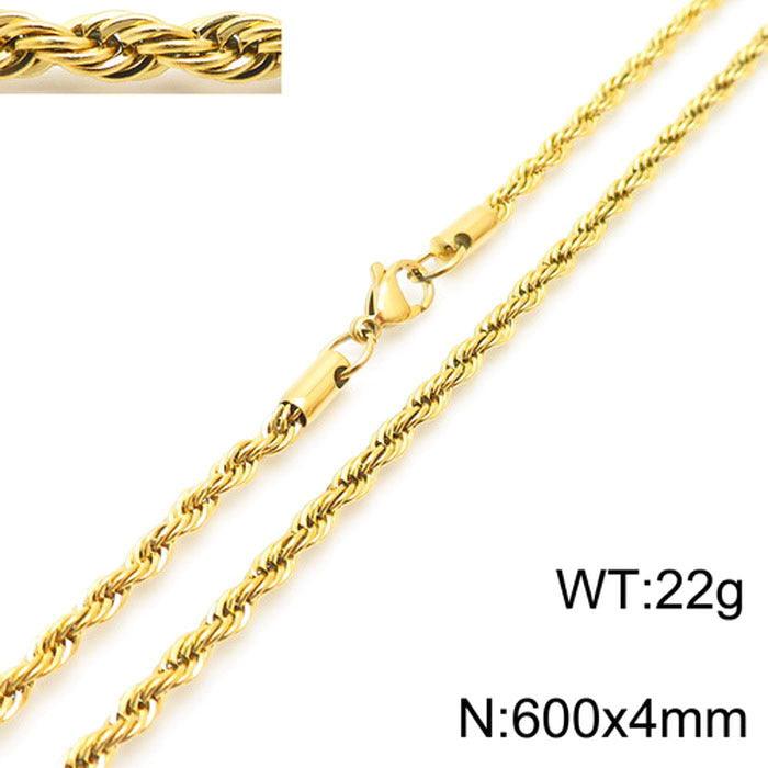 2/3/4/5/6/7/8mm Rope Twist Chain Necklace Stainless Steel PVD Gold Plated - kalen