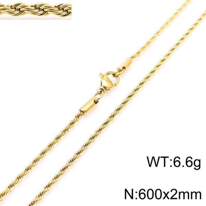 2/3/4/5/6/7/8mm Rope Twist Chain Necklace Stainless Steel PVD Gold Plated - kalen