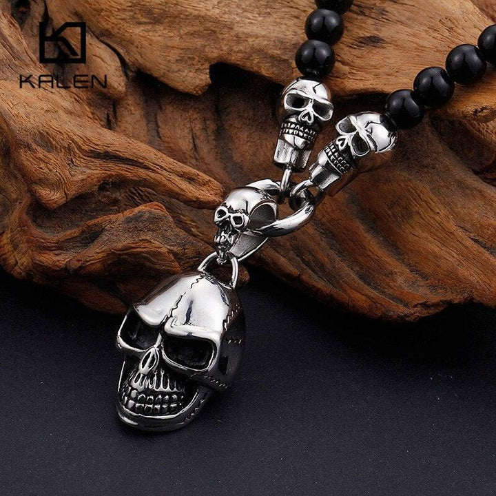 KALEN African Glass Beads 47cm 50cm 60cm 75cm Chain Necklaces Men Punk Stainless Steel Skull Pendant Statement Choker Jewelry.