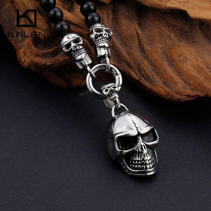 KALEN African Glass Beads 47cm 50cm 60cm 75cm Chain Necklaces Men Punk Stainless Steel Skull Pendant Statement Choker Jewelry.