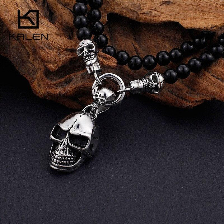 KALEN African Glass Beads 47cm 50cm 60cm 75cm Chain Necklaces Men Punk Stainless Steel Skull Pendant Statement Choker Jewelry.