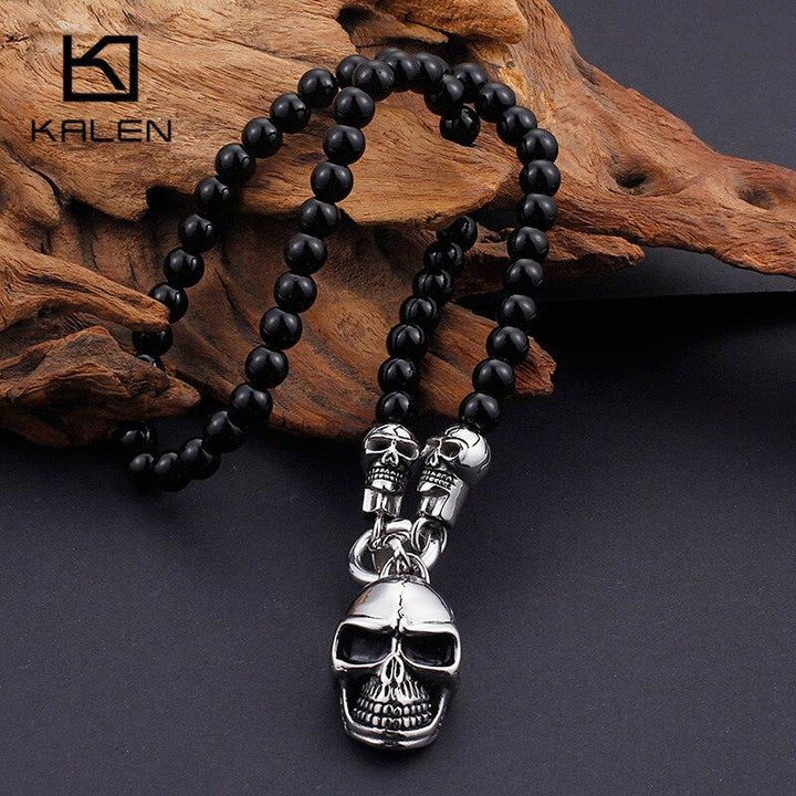 KALEN African Glass Beads 47cm 50cm 60cm 75cm Chain Necklaces Men Punk Stainless Steel Skull Pendant Statement Choker Jewelry.