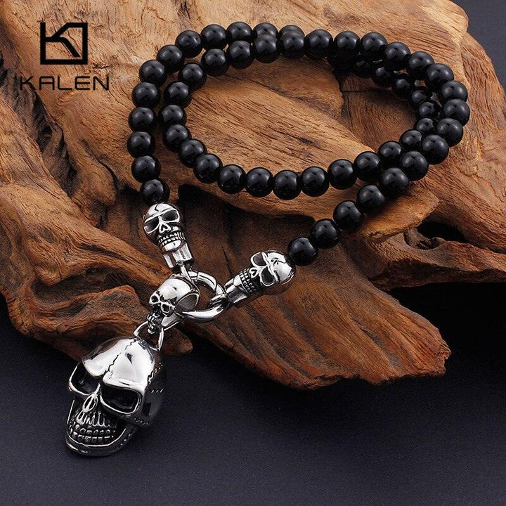 KALEN African Glass Beads 47cm 50cm 60cm 75cm Chain Necklaces Men Punk Stainless Steel Skull Pendant Statement Choker Jewelry.