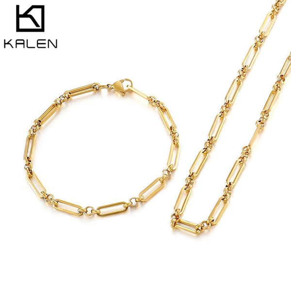KALEN Charm Stainless Steel  Chain Necklace and Bracelet Set for Women Girls Gold Herringbone Link Bracelet Bohemian Jewelry Set.