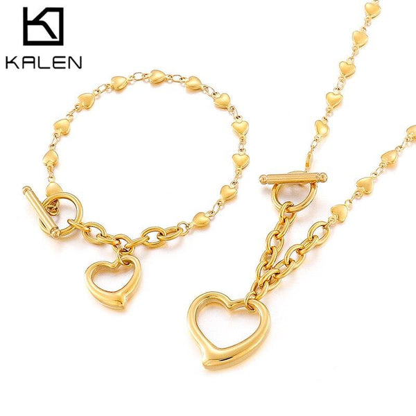 KALNE Jewelry Sets Gold Stainless Steel 5 Styles of Love Heart Pendant Necklace Bracelets Accessory For Women Wedding Party.