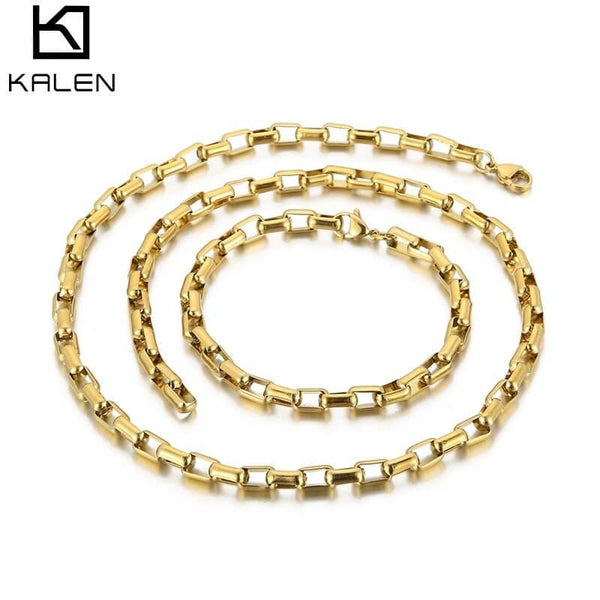 KALEN Stainless Steel Link Box Chain Necklace Bracelet Set For Women Gold Silver Color Chain Bracelet Jewelry Gift.