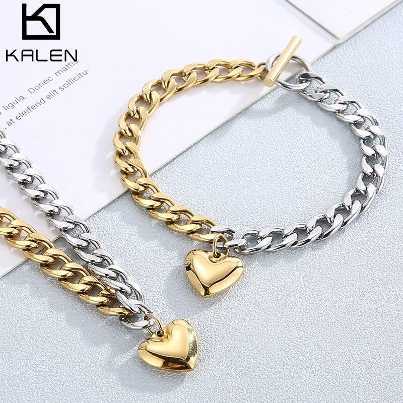 KALEN 6 Styles Stainless Steel Jewelry Set Heart Girl Butterfly Key and I Love Mom Charm Pendant Necklace Bracelet Set.