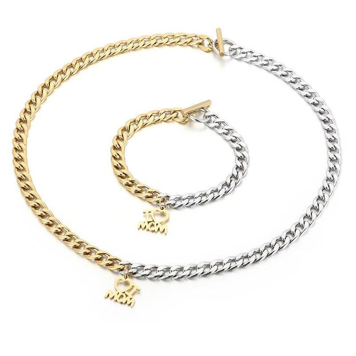 KALEN 6 Styles Stainless Steel Jewelry Set Heart Girl Butterfly Key and I Love Mom Charm Pendant Necklace Bracelet Set.