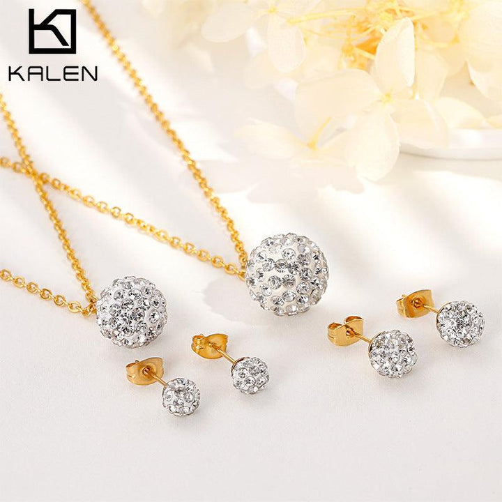 6/8mm Clay Zircon Ball Stub Earrings Pendant Necklace Set - kalen