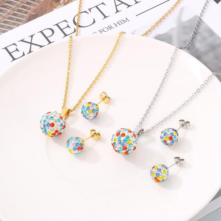 6/8mm Clay Zircon Ball Stub Earrings Pendant Necklace Set - kalen