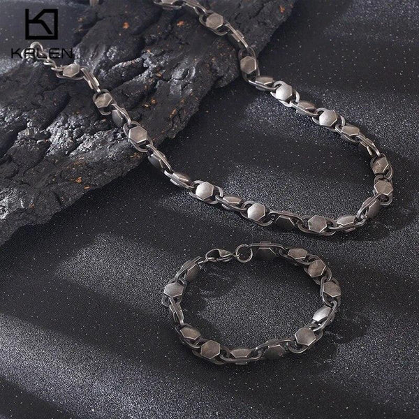 6/8mm Nailhead Link Chain Necklace Bracelet Jewelry Sets for Men Women - kalen