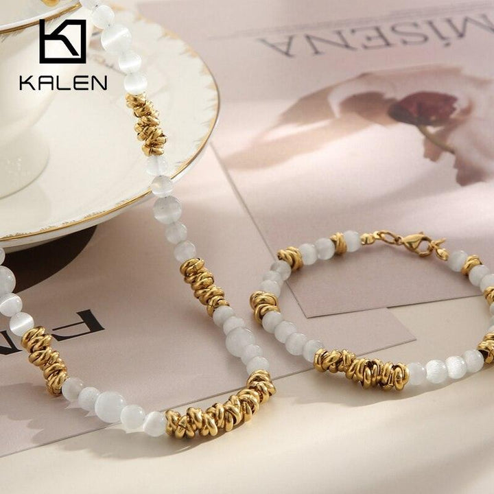 KALEN Bohemian Cat's Eye Bead Shell Choker Necklace Set Statement Short Collar Clavicle Chain Bracelet for Women Female Jewelry.