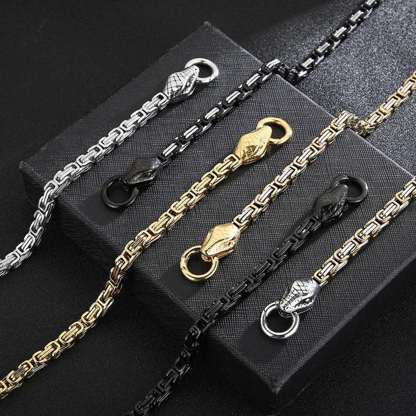 6mm Stainless Steel Byzantine Chain Bracelet Necklace with Snake Head Clap Jewelry Set - kalen