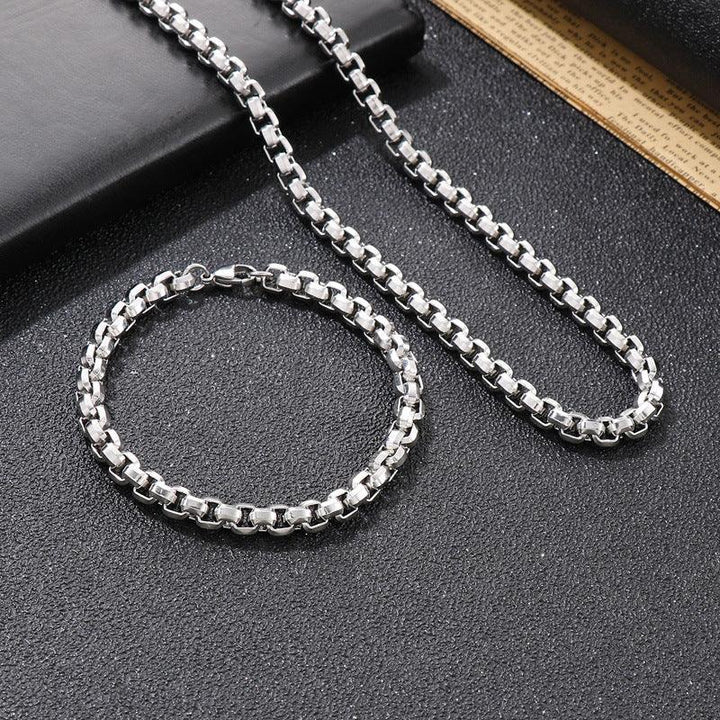 6mm Stainless Steel Cutting Box Chain Necklace Bracelet Jewelry Set - kalen