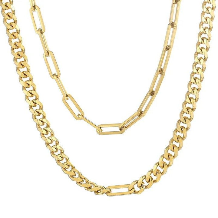 7mm Curb Cuban Chain and 5mm PaperClip Double Layer Chain Necklace - kalen