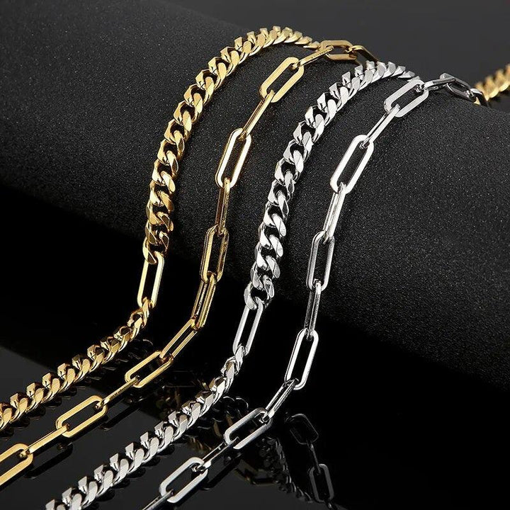 7mm Curb Cuban Chain and 5mm PaperClip Double Layer Chain Necklace - kalen