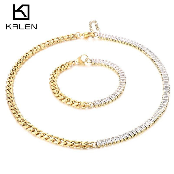 KALEN Crystals Chain Choker Necklace &amp; Bracelet Sets Stainless Steel Jewelry Circle Clavicle Necklace for Women.