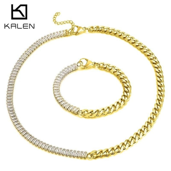 7mm Zirconia Cuban Chain Bracelet Necklace Jewelry Sets - kalen