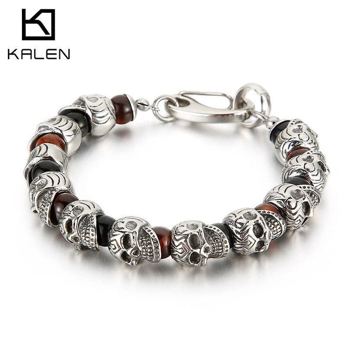 KALEN Punk Skull Charm Bracelet Men Stainless Steel 8mm Natural Stone Beads Beaded Brecelets Male Gothic Jewelry 2020.