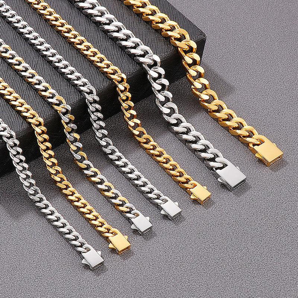 8/12mm Polished 2-Side 4-Side Cut Curb Cuban Chain Bracelet Necklace with Push Button Buckle - kalen