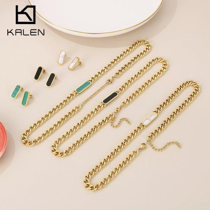 8mm Cuban Chain Pendant Necklace Shell Stub Earrings Set - kalen