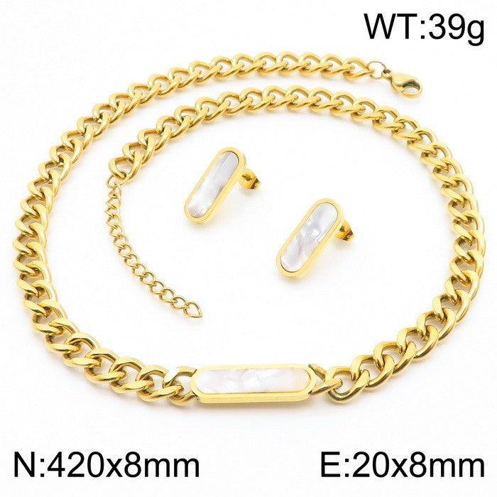 8mm Cuban Chain Pendant Necklace Shell Stub Earrings Set - kalen