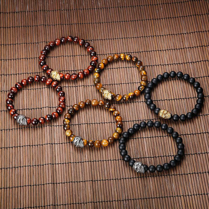 8mm Natural Stone Skull Cross Beaded Elastic Agate Tiger Eyes Turquoise Stone Bracelet For Men - kalen