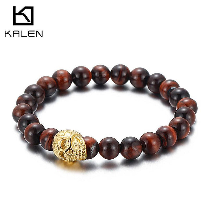 8mm Natural Stone Skull Cross Beaded Elastic Agate Tiger Eyes Turquoise Stone Bracelet For Men - kalen