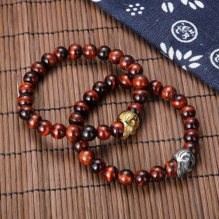 8mm Natural Stone Skull Cross Beaded Elastic Agate Tiger Eyes Turquoise Stone Bracelet For Men - kalen