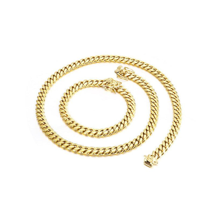 8mm Polished Brushed Miami Cuban Chain Bracelet Necklace Set with Push Button Lock Clap - kalen