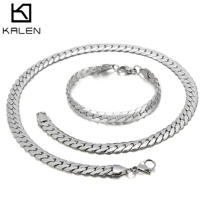 Kalen 8mm Cuban Chain Jewelry Set Men's Women's Popular Necklace Bracelets Party Accessories.