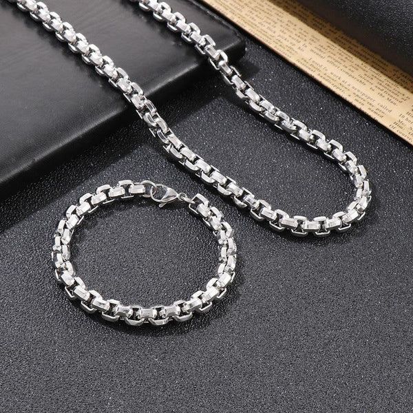 8mm Stainless Steel Cutting Box Chain Necklace Bracelet Jewelry Set - kalen