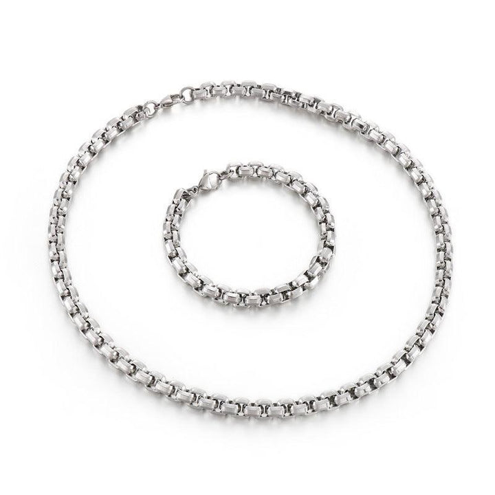 8mm Stainless Steel Cutting Box Chain Necklace Bracelet Jewelry Set - kalen