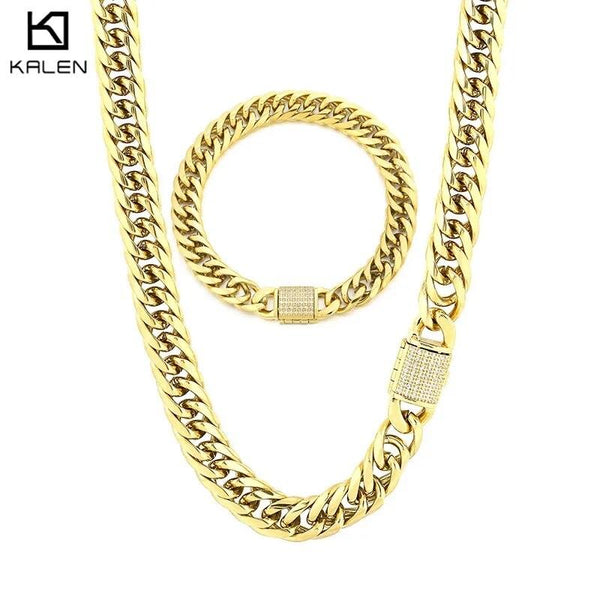 9MM Figaro Link Chain Bracelet Necklace Stainless Steel - kalen