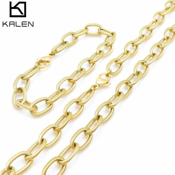 KALEN Bohemia Chain Stainless Steel Jewelry Set Thick Choker Necklace Set for Women Creative Geometric Twist Chain Bracelet Set.