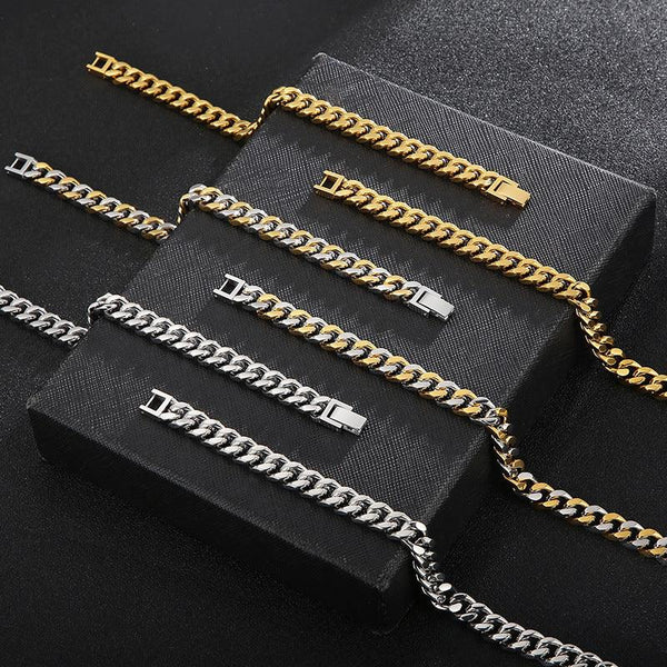 9mm Polished 4-Side Cut Curb Cuban Chain Bracelet Necklace with Buckle Clap - kalen