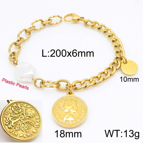 Kalen Stainless Steel Six Pence Charm Chain Bracelet Wholesale for Women