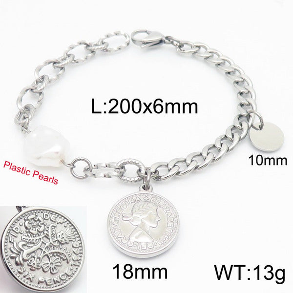 Kalen Stainless Steel Six Pence Charm Chain Bracelet Wholesale for Women