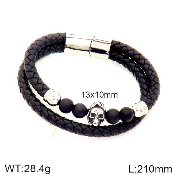 Kalen Stainless Steel Leather Skull Bracelet for Men