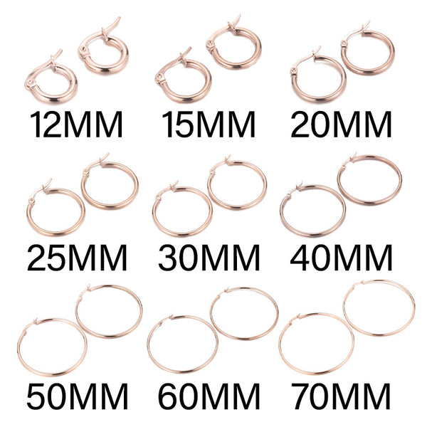 Kalen Pendientes de aro circulares de acero inoxidable en oro rosa de 12/15/20/25 30/40/50/60/70 80/90/100 x 2 mm para mujer 