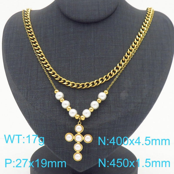 Kalen Double Layer Pearl Cross Pendant Necklace for Women