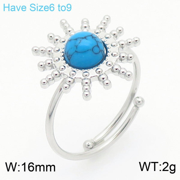 Kalen Stainless Steel Sun Natural Stone Adjustable Open Rings