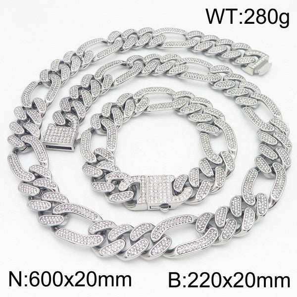 Kalen Hiphop Zircon Franco Link Chain Bracelet Necklace Jewelry Set