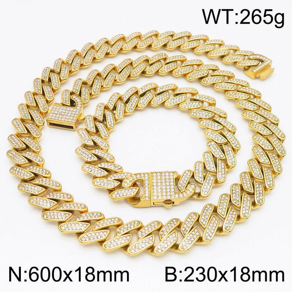 Kalen Hiphop Zircon Cuban Link Chain Bracelet Necklace Jewelry Set