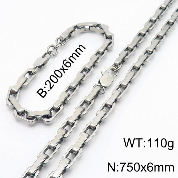 Kalen 6mm Box Cable Clip Chain Bracelet Necklace Jewelry Set