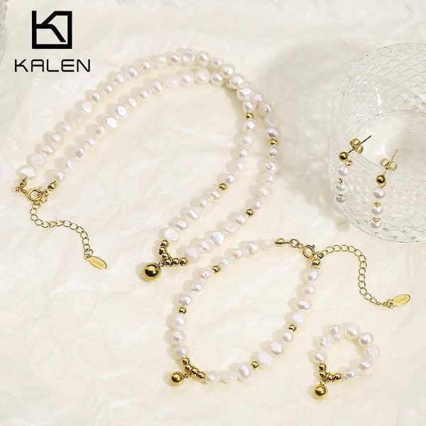 Kalen Pearl Bead Chain Ball Pendant Necklaces Drop Earrings RIngs Jewelry Set For Women - kalen