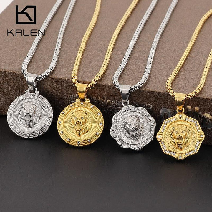 Kalen Hip Hop Zircon Lion Gold Plated Stainless Steel Coin Pendant Necklace for Men Women - kalen