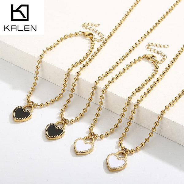 Kalen 3mm Bead Chain Enamel Heart Pendant Bracelet Necklace Jewelry Set For Women - kalen