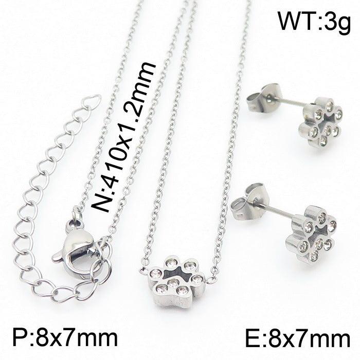 Kalen Stainless Steel Cute Paw Zircon Stud Earrings Necklace Bracelet Set for Women - kalen